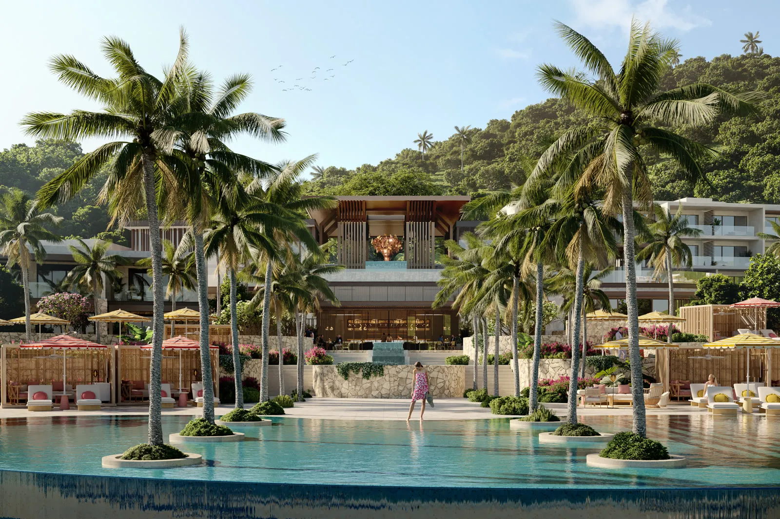 A pool with cabanas at The Setai, St. Maarten