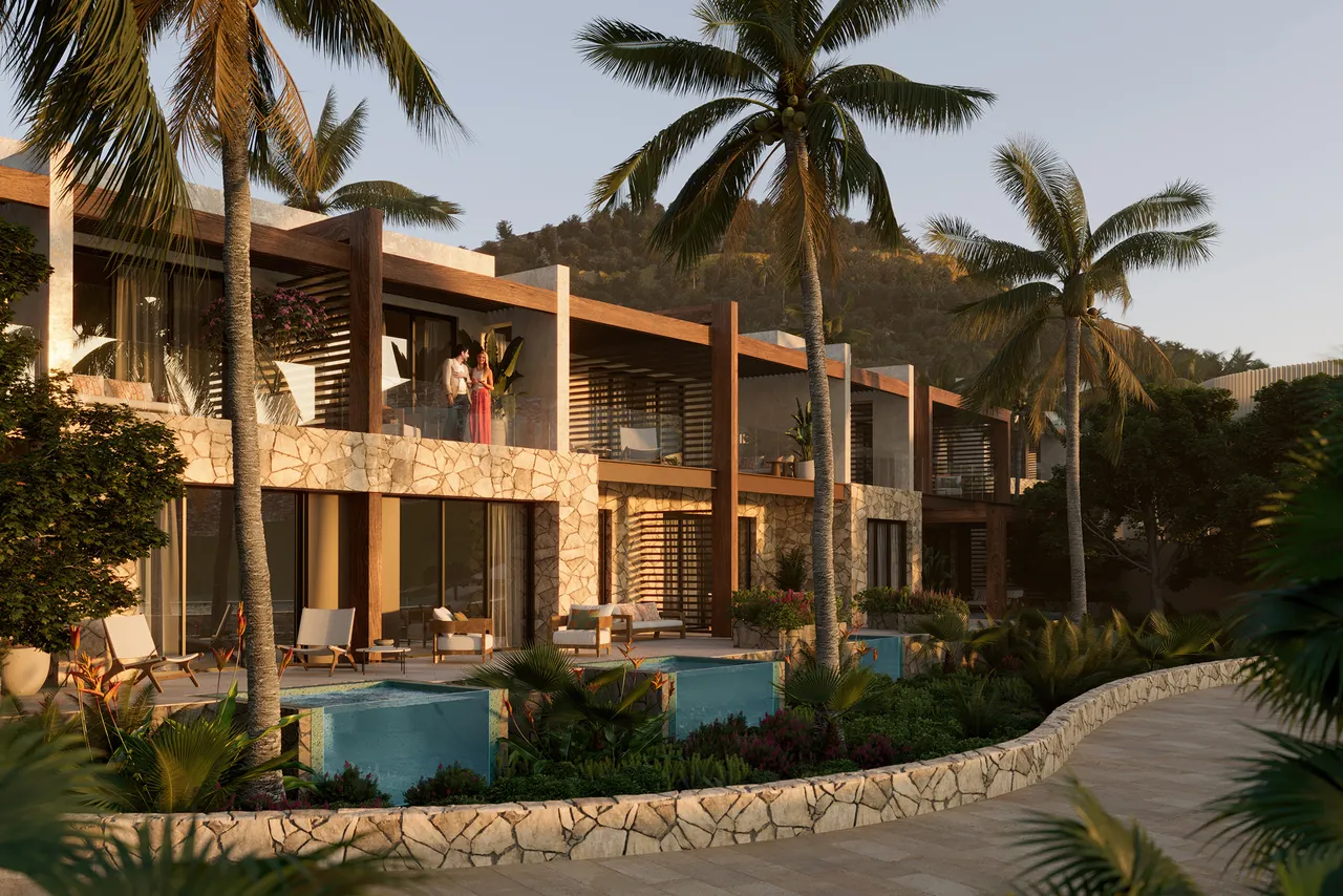 Golden hour over the residence terraces at The Setai, St. Maarten