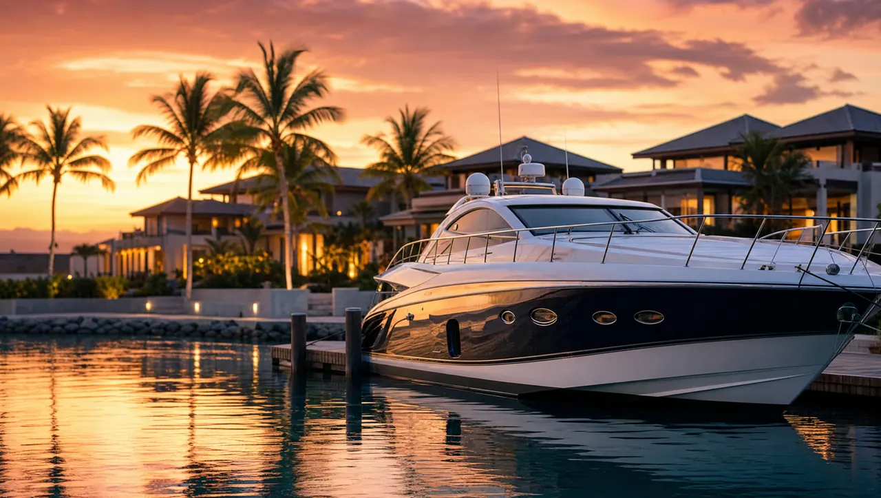 A motoryacht in the marina at sunset off St. Maarten