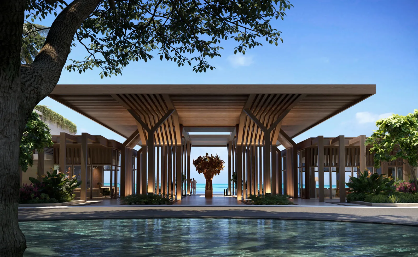 The arrival pavilion at The Setai, St. Maarten, open to the sea