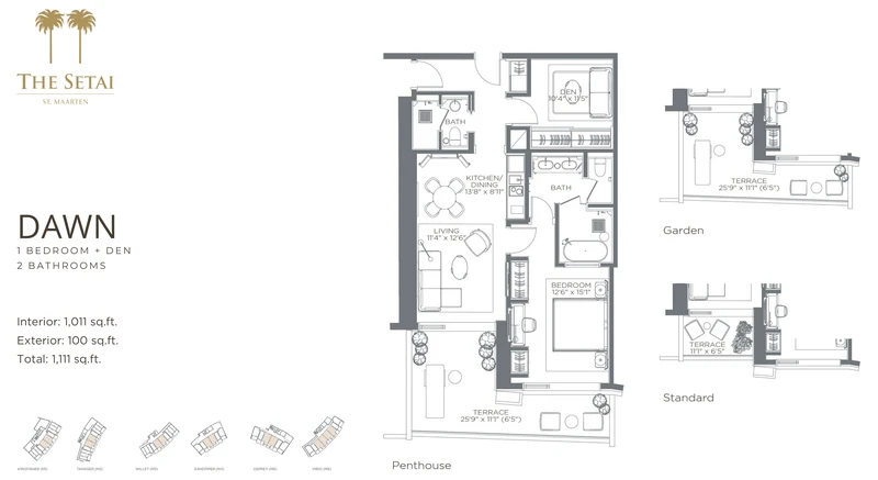 Dawn floor plan: one bedroom plus den, two bathrooms, 1,011 square feet interior