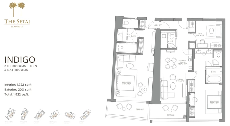 Indigo floor plan: two bedrooms plus den, three bathrooms, 1,722 square feet interior