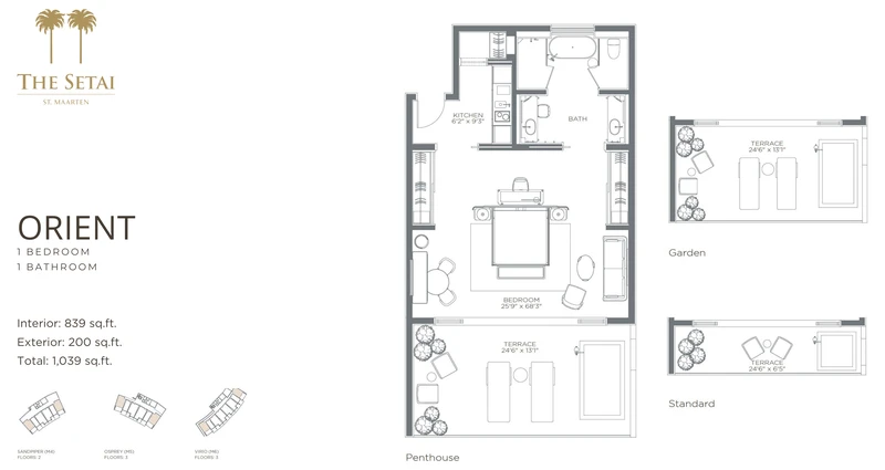 Orient floor plan: one bedroom, one bathroom, 839 square feet interior
