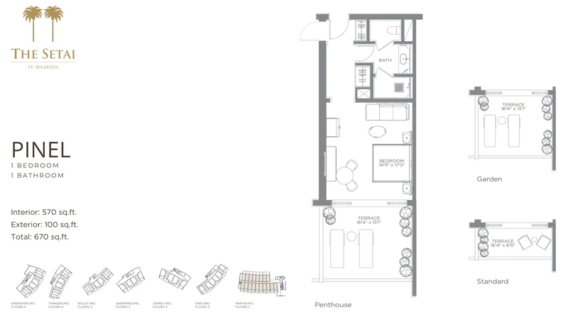 Pinel floor plan: one bedroom, one bathroom, 570 square feet interior