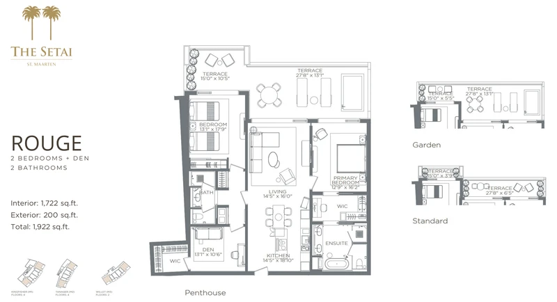 Rouge floor plan: two bedrooms plus den, two bathrooms, 1,722 square feet interior