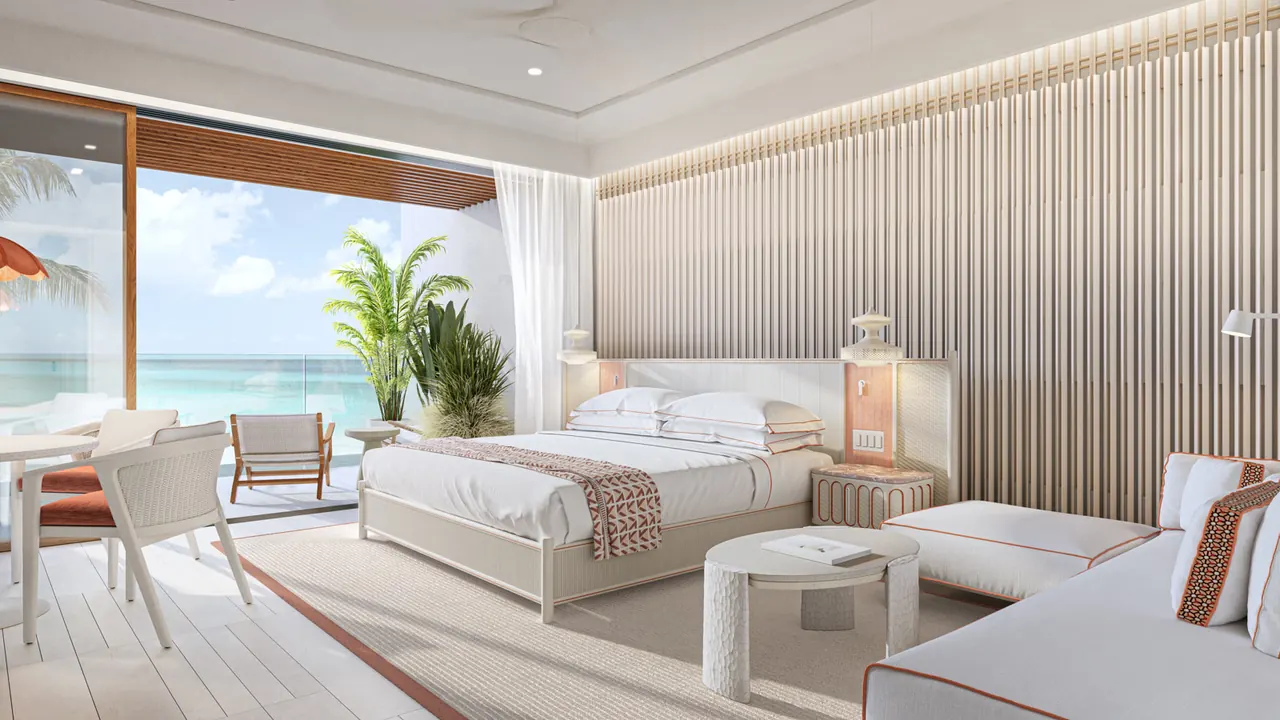 A residence bedroom with a slatted feature wall, the Indigo plan at The Setai, St. Maarten