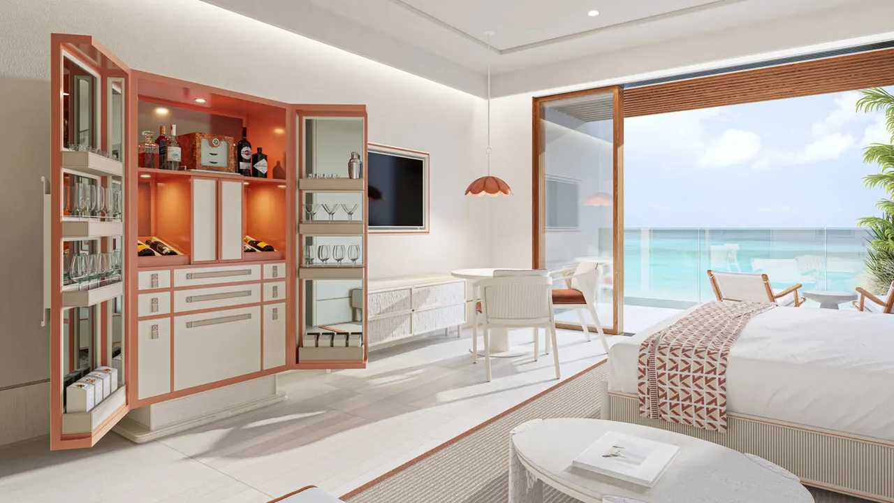 A residence suite with warm natural finishes and an open minibar cabinet, the Pinel plan at The Setai, St. Maarten
