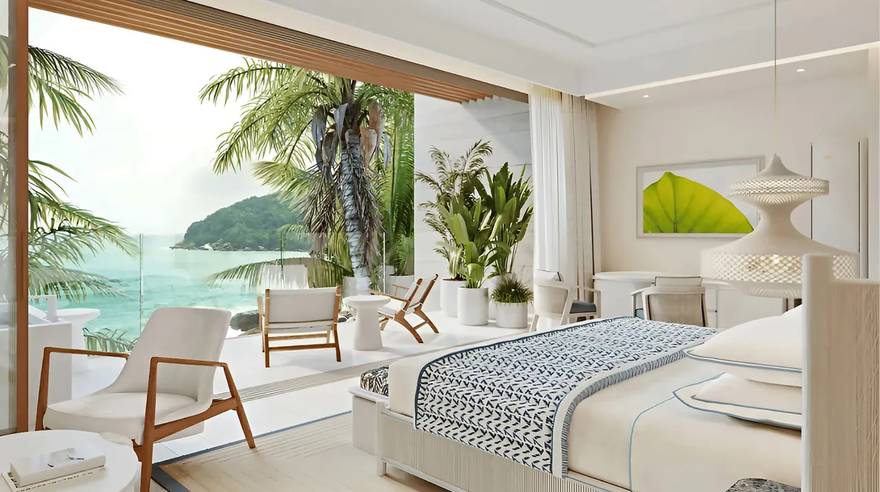 A residence suite opening to an ocean-view terrace at The Setai, St. Maarten