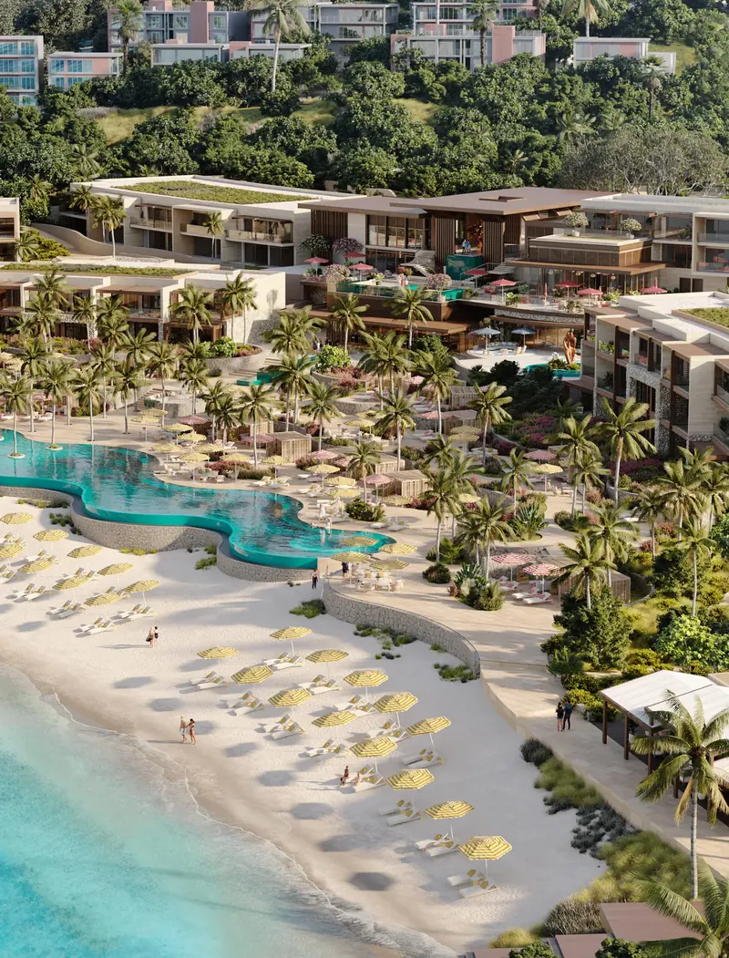 Daytime aerial of The Setai resort and beach club at Indigo Bay