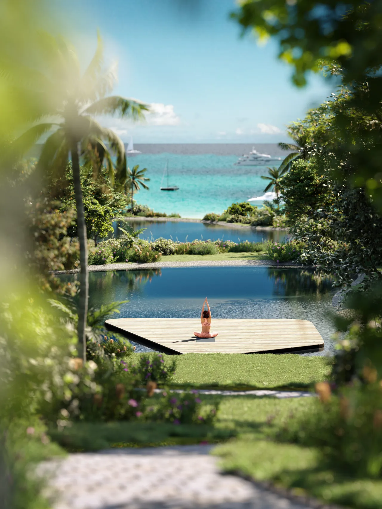 Outdoor yoga deck between reflecting ponds overlooking the sea